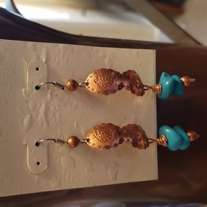 Handcrafted Artisan Embossed Copper and Turquoise Southwest Style Earrings